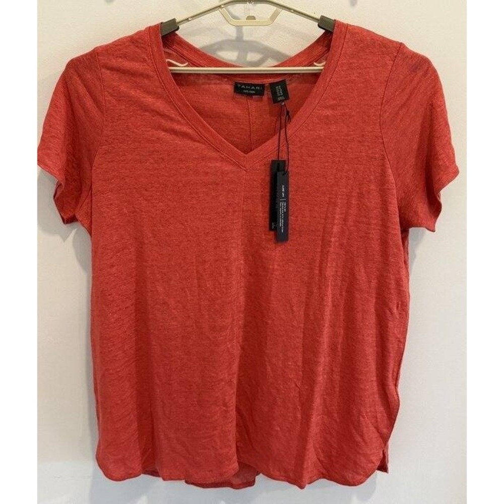 Tahari 100% Linen Mulberry Pink V Neck Short Sleeve Tunic Shirt New Size 1X